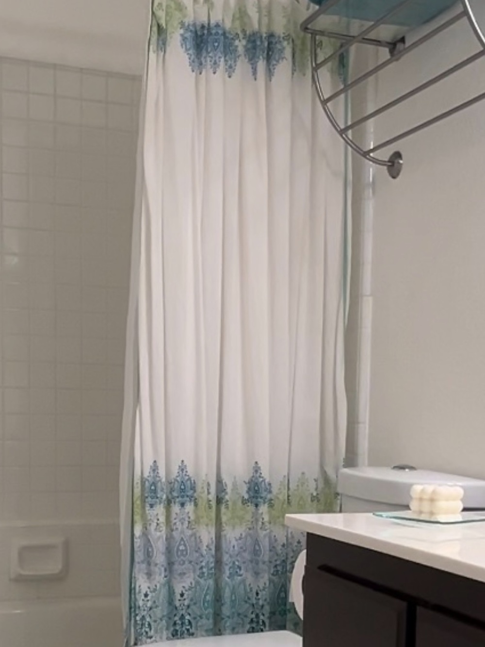 White Shower Curtain with Blue and Green Pattern - Home Bath
